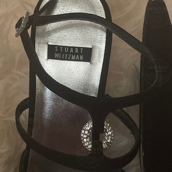 Stuart Weitzman 7 Black Satin Strappy Heels | Rhinestone Circle, Spain Y2K - Picture 4 of 13